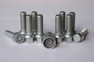 H&R Kugelbundschrauben-Set silber Schraubenkopf Ø = 28mm inkl. Felgenschloß M14 x 1,5 65mm SW 17